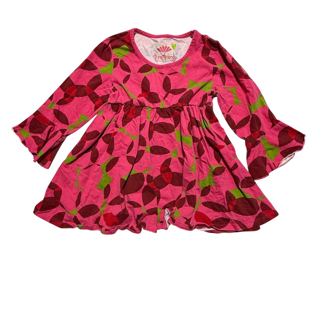 Three Friends Girls Pink Green Geometric Leaf Print Bell Sleeve Dress Size 6